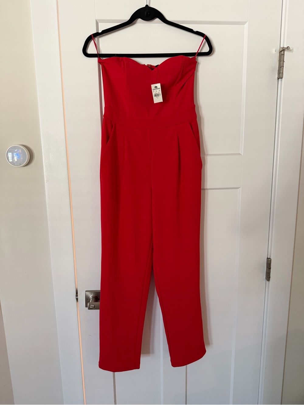 Express Red Strapless Jumpsuit with Straight Legs